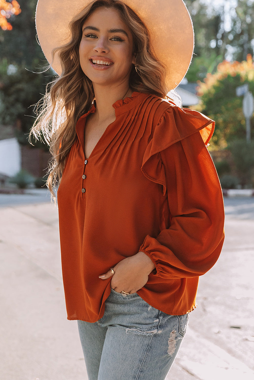 Ruffled Pleated Buttoned V Neck Blouse