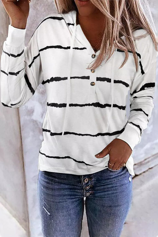 Striped Drawstring Button Long Sleeve Hoodie