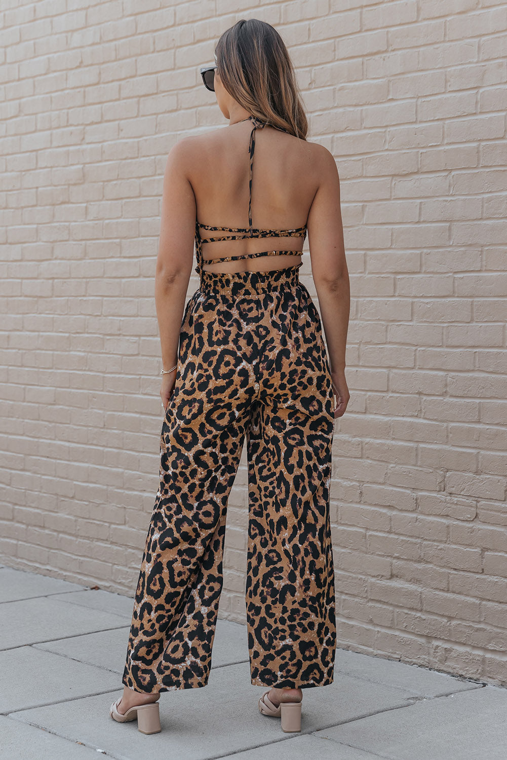 Print Halter Neck Backless Wide Leg Jumpsuit