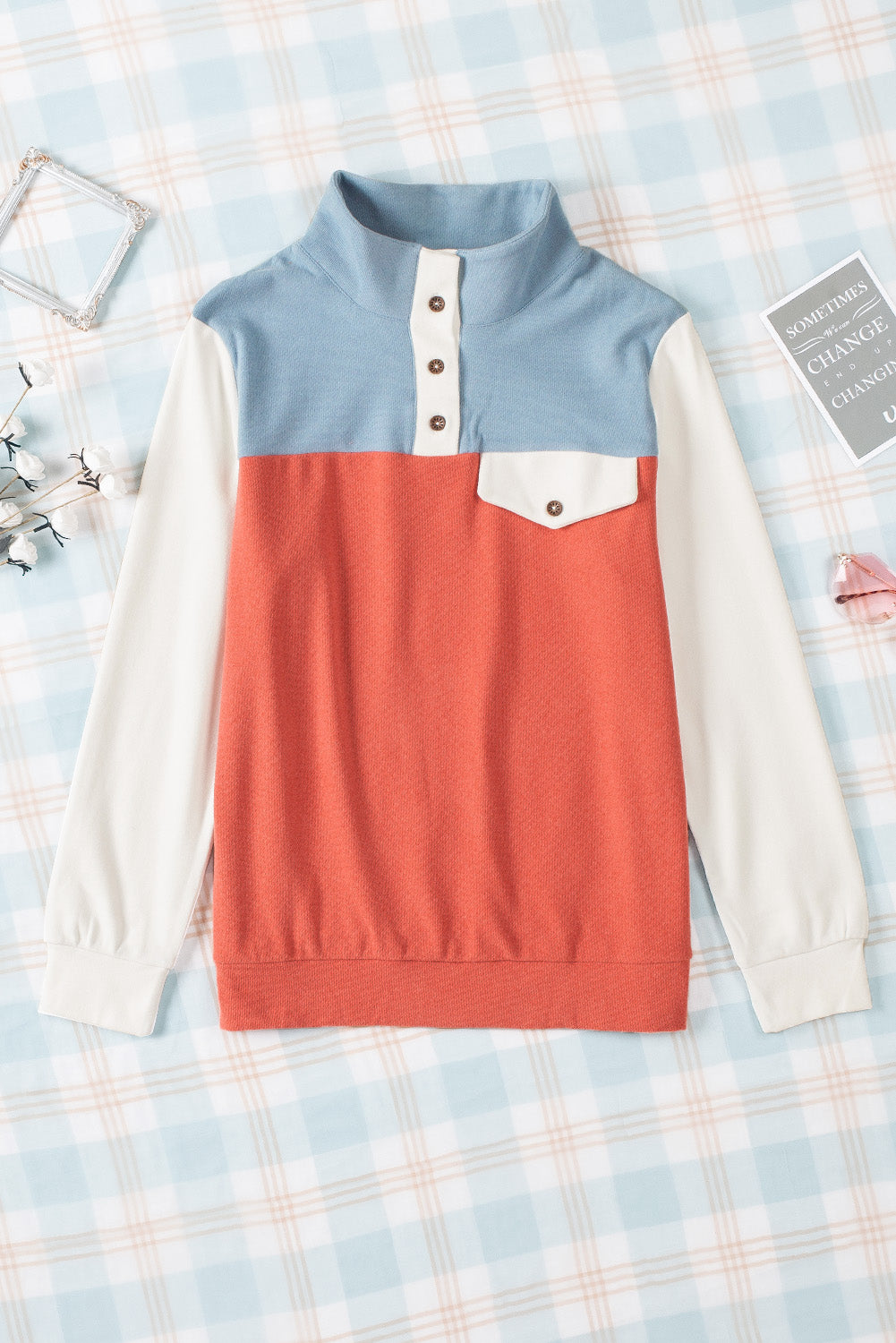 Buttoned Color Block Long Sleeve Top