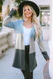 Blue Color Block Patchwork Open Front Hooded Cardigan