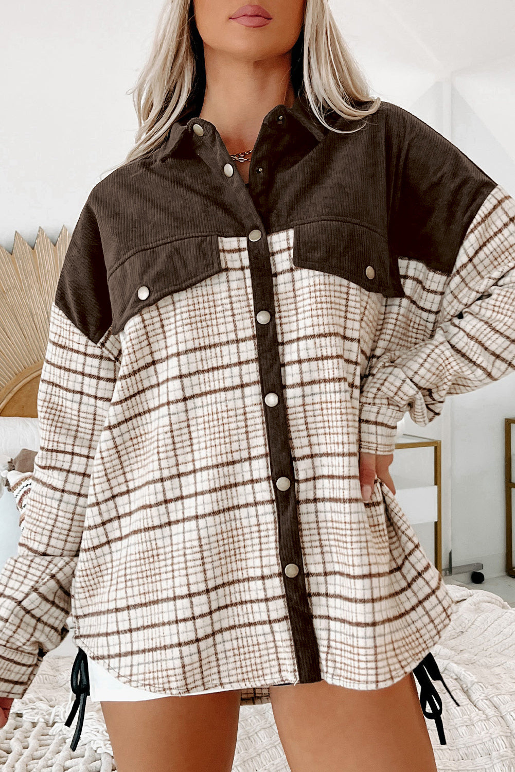 Plaid Patchwork Button-up Shift Shirt Jacket