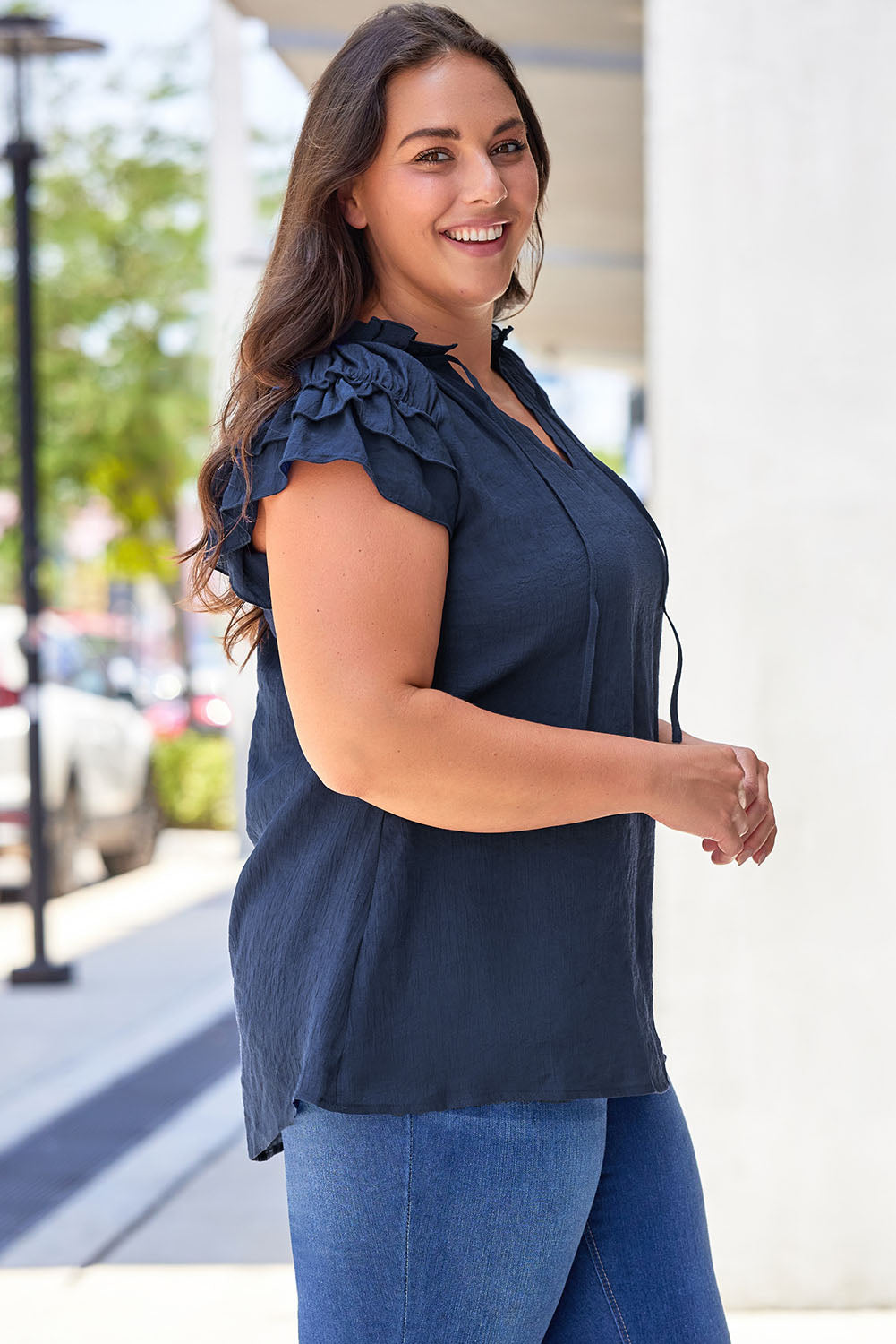 Blue Tiered Ruffled Sleeve Drawstring V Neck Plus Size Blouse