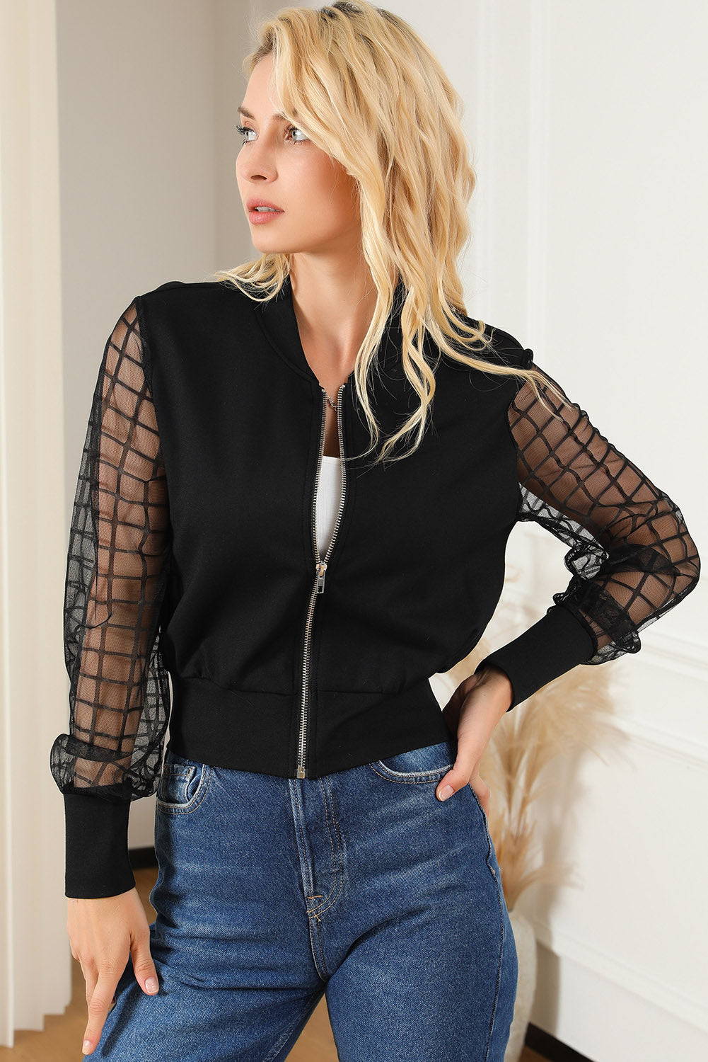 Latticed Mesh Sleeve Zip Up Bomber Jacket