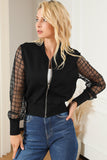 Latticed Mesh Sleeve Zip Up Bomber Jacket