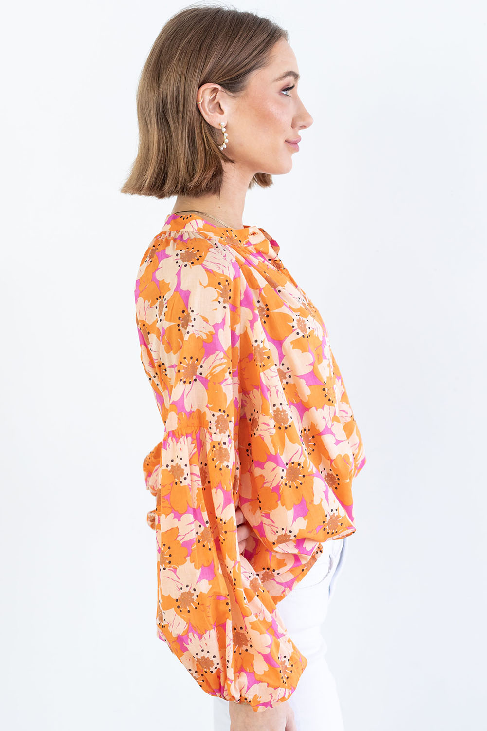 Orange Floral Print Loose Sleeve Shirt