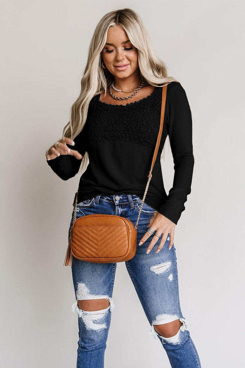 Lace Crochet V Neck Long Sleeve Top