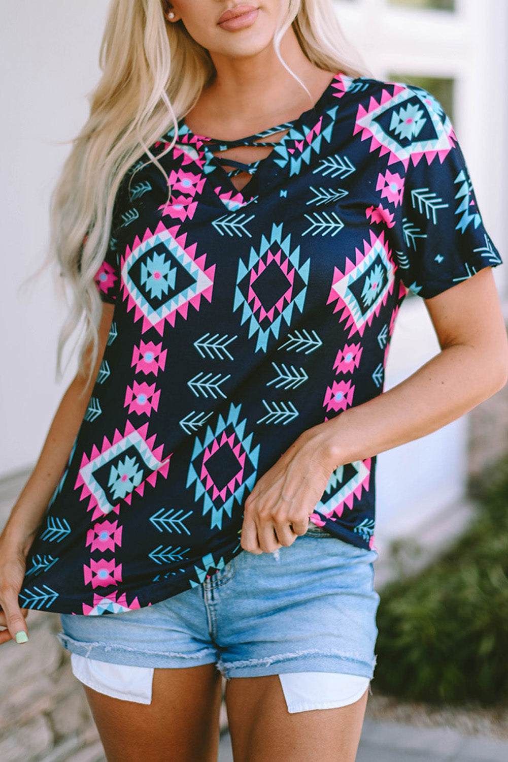 Western Fashion Aztec Print Crisscross V Neck Top