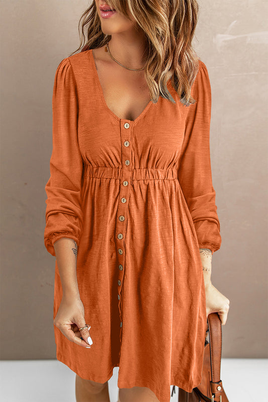 Button Up High Waist Long Sleeve Dress