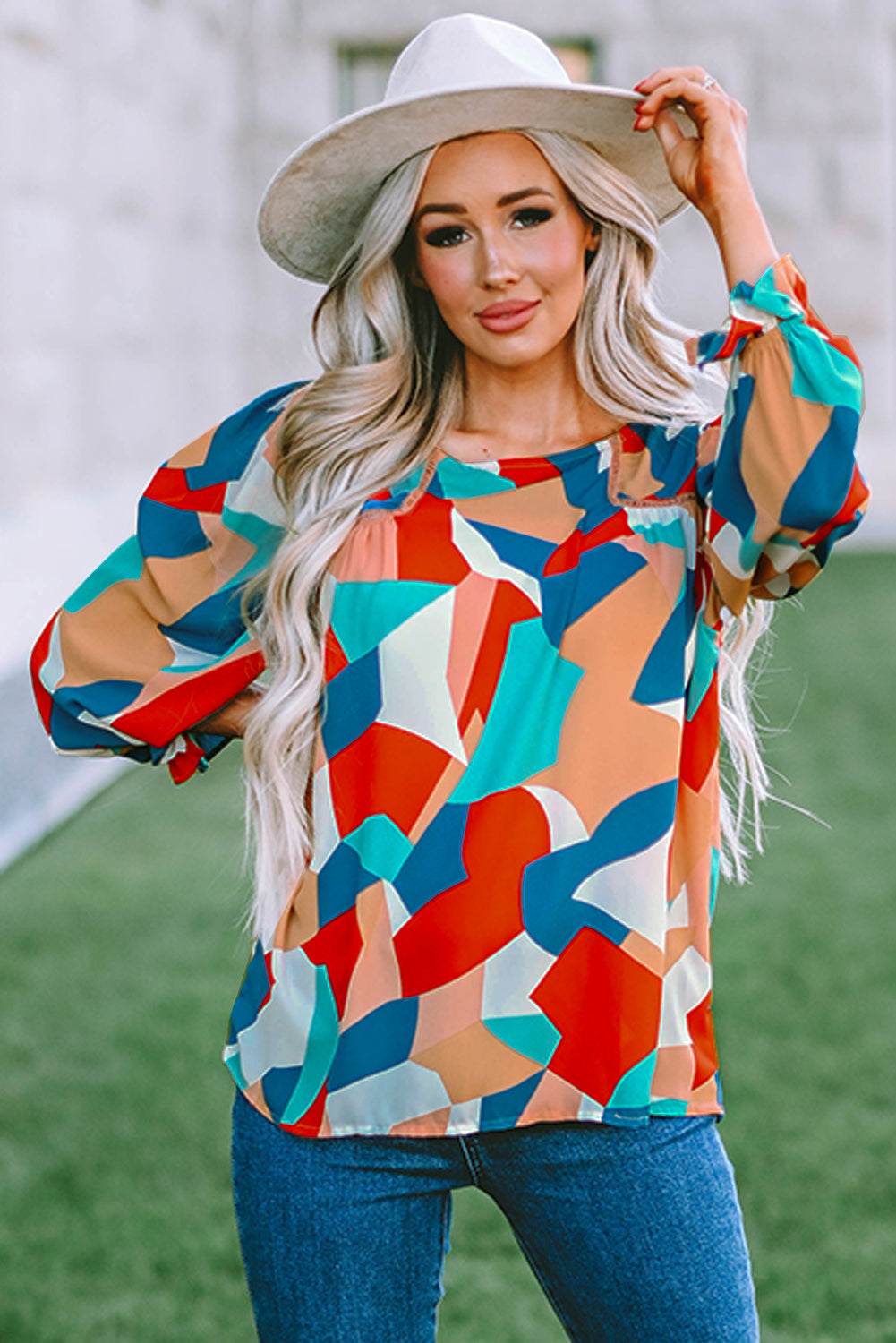 Abstract Pattern Crewneck Ruffled Puff Sleeve Blouse