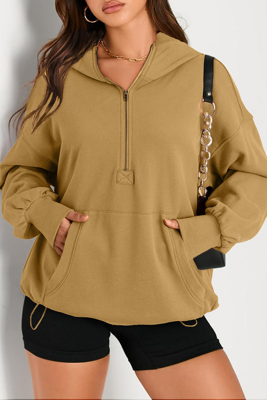 Brown Solid Kangaroo Pocket Half Zipper Oversized Hoodie