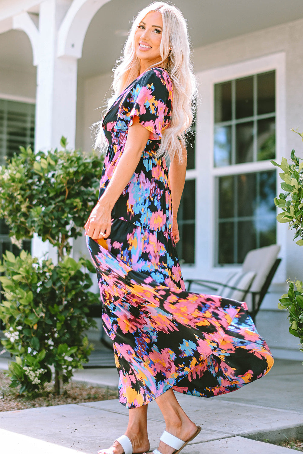 Abstract Floral Pattern Flutter Sleeve Tiered Maxi Dress