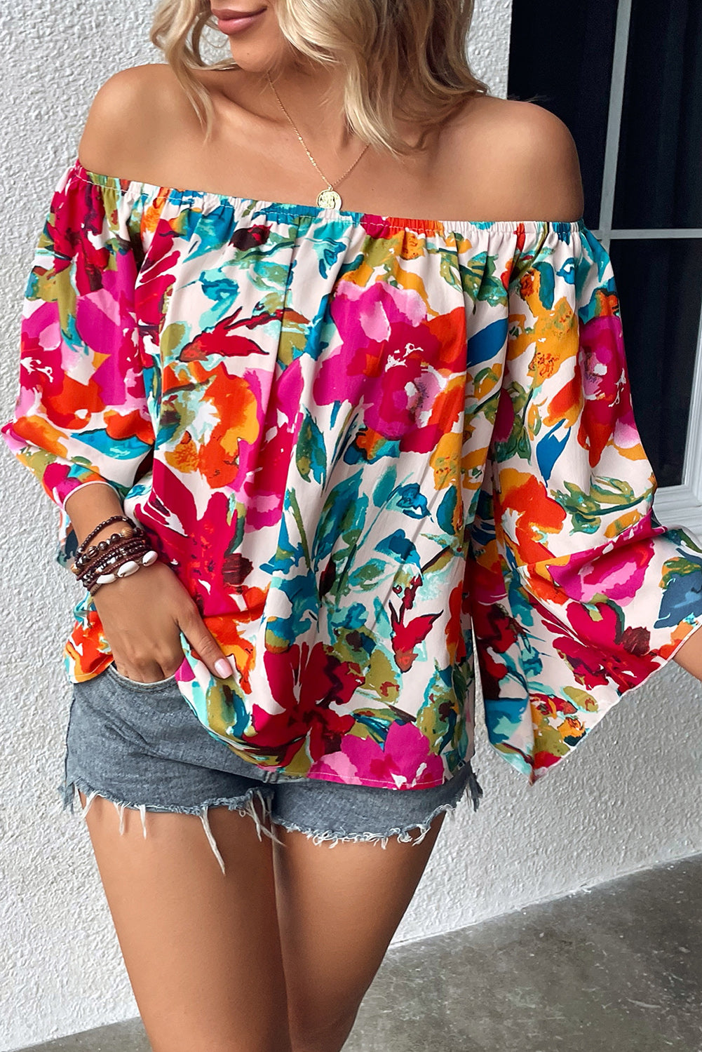 Floral Print Off Shoulder Wide Sleeve Blouse