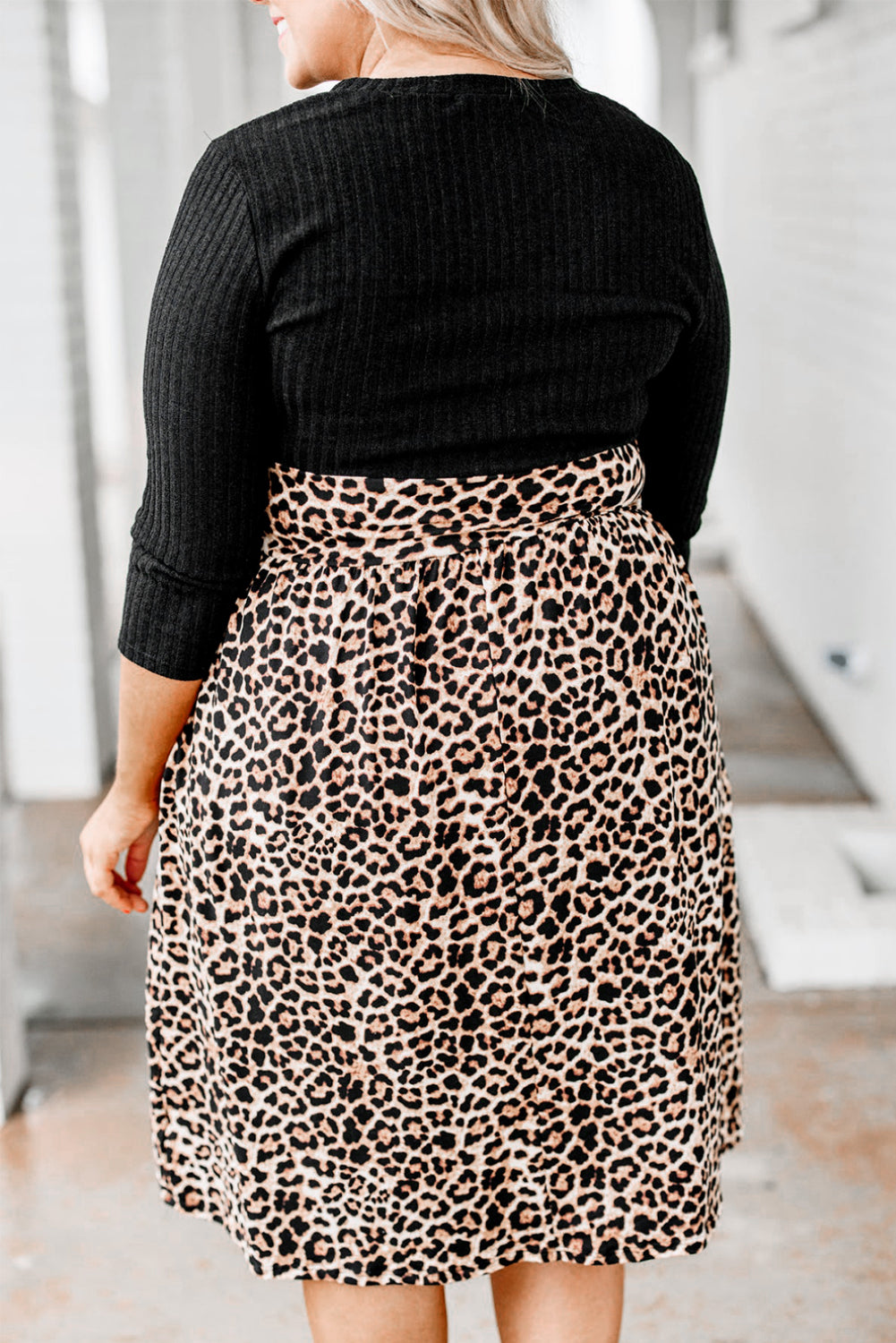 Ribbed Knit Leopard Plus Size Midi Dress