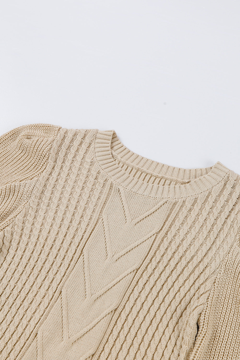 Cable Ribbed Knit Mix Pattern Puff Sleeve Sweater