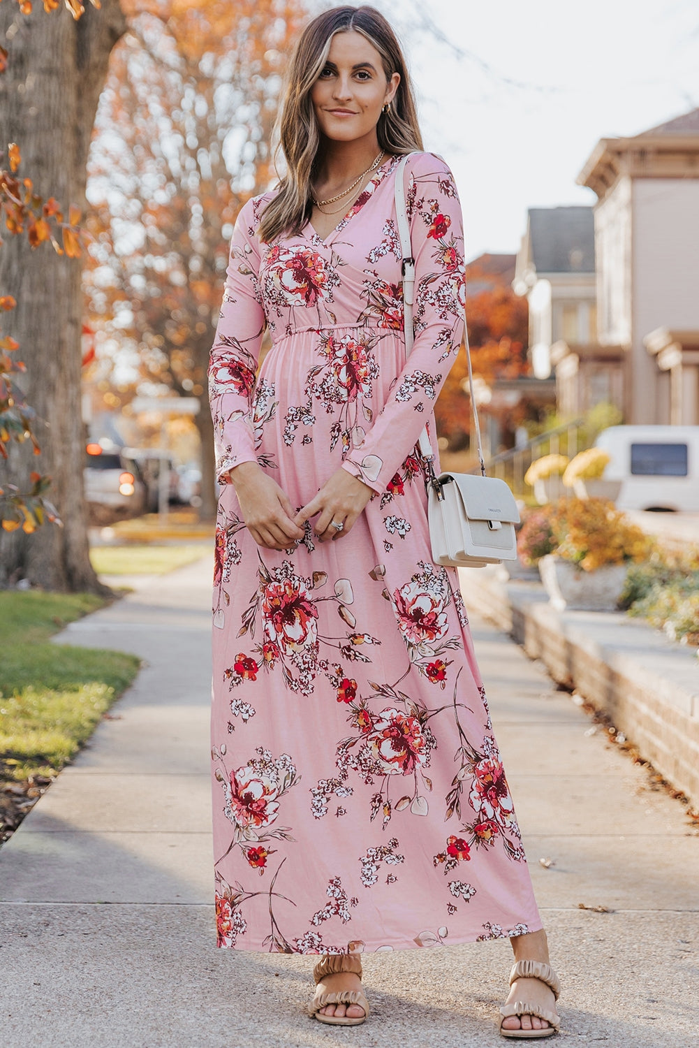 Wrapped V Neck Floral Long Sleeve Empire Maxi Dress