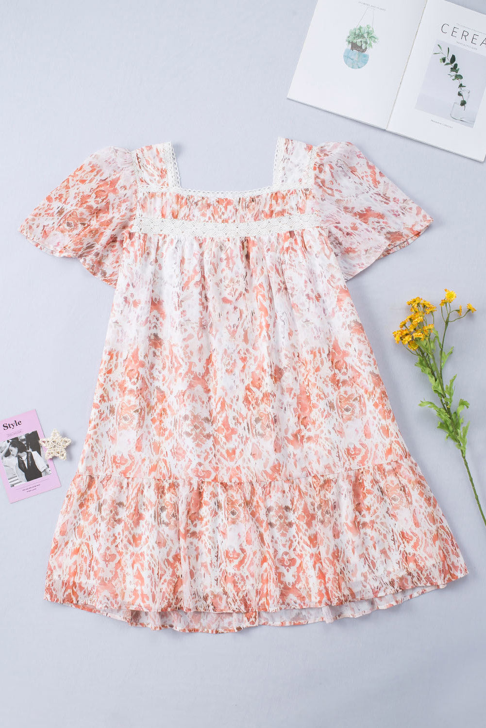 Button Front Flutter Sleeve Print Dress with Ruffles