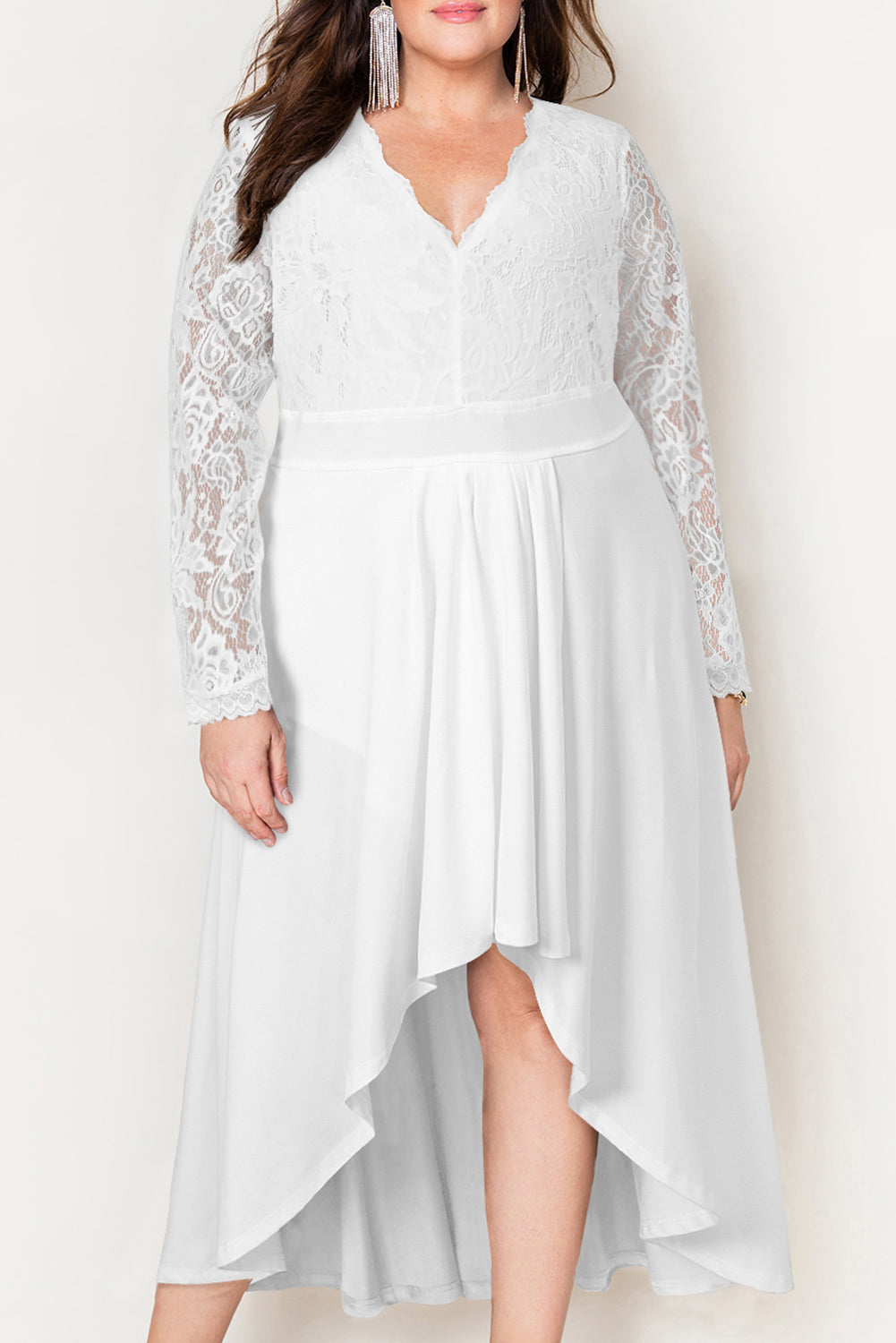 Plus Size High-Low Lace Contrast Evening Dress