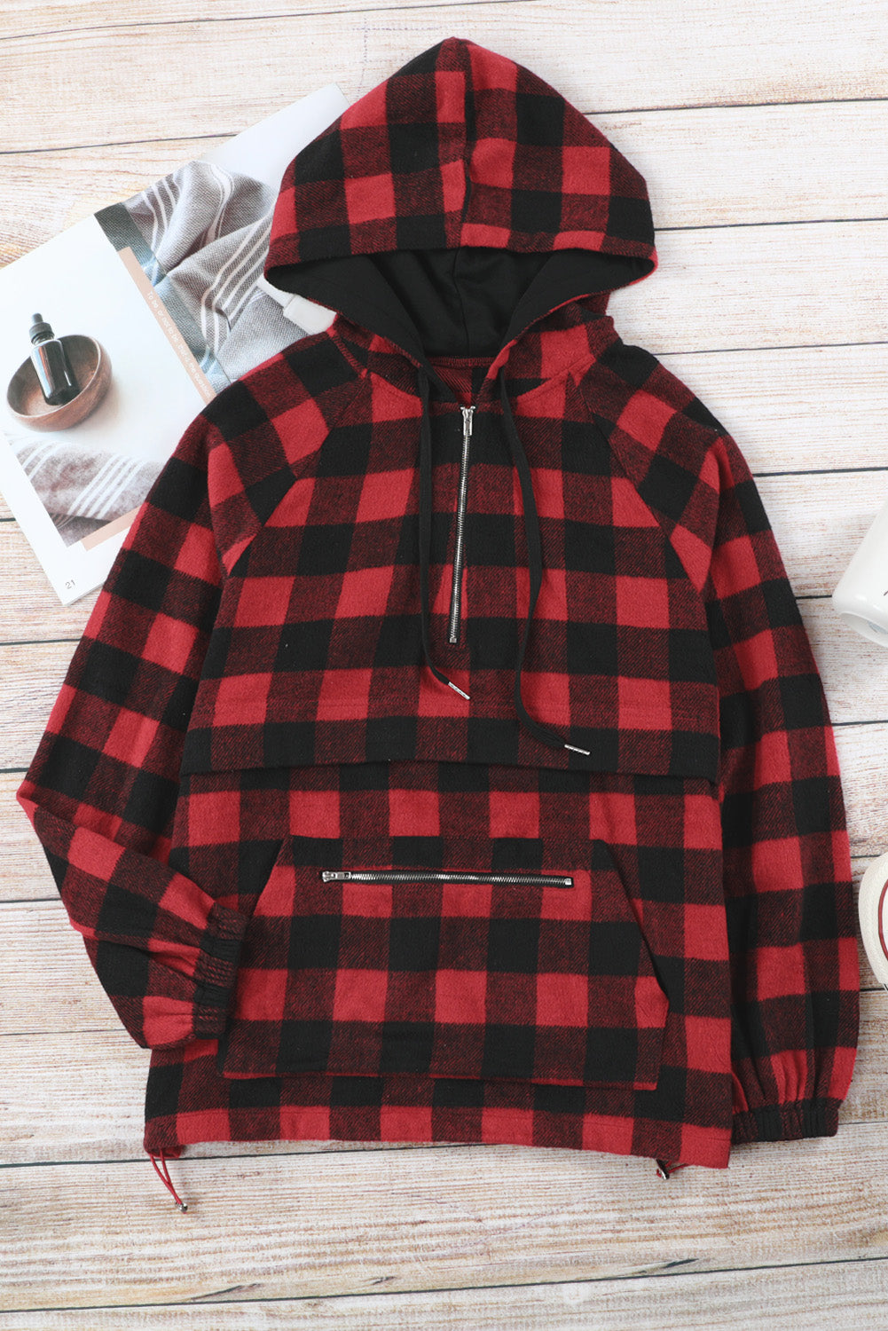 Buffalo Plaid Zipped Front Pocketed Hoodie