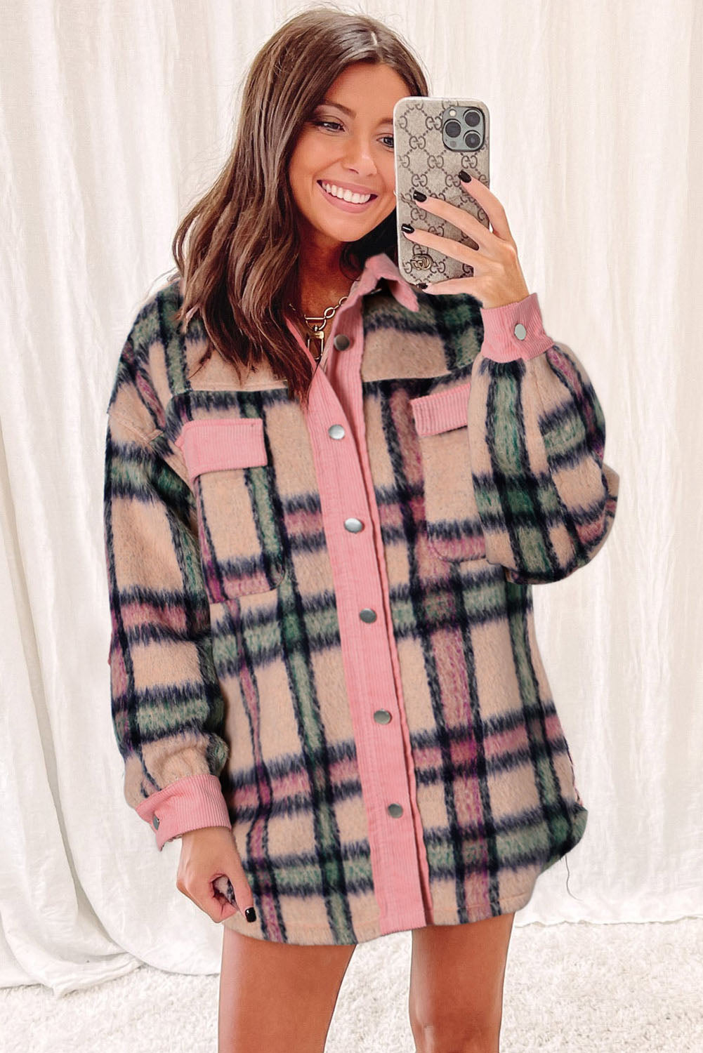 Fuzzy Plaid Corduroy Patchwork Shacket