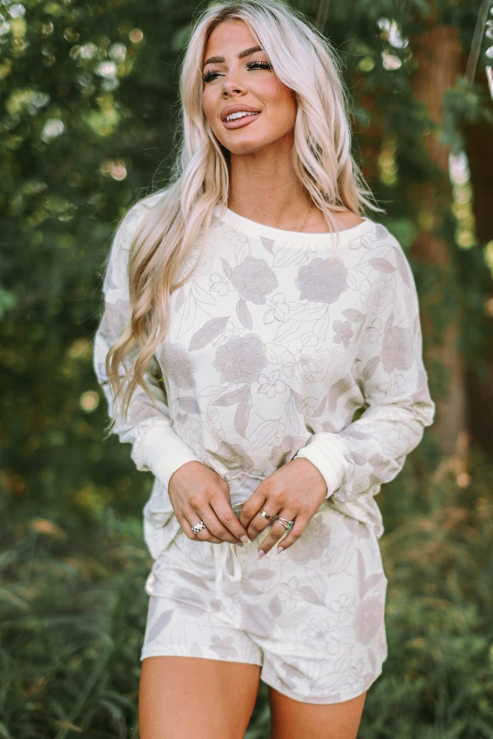 Floral Print Long Sleeve Top and Shorts Lounge Set