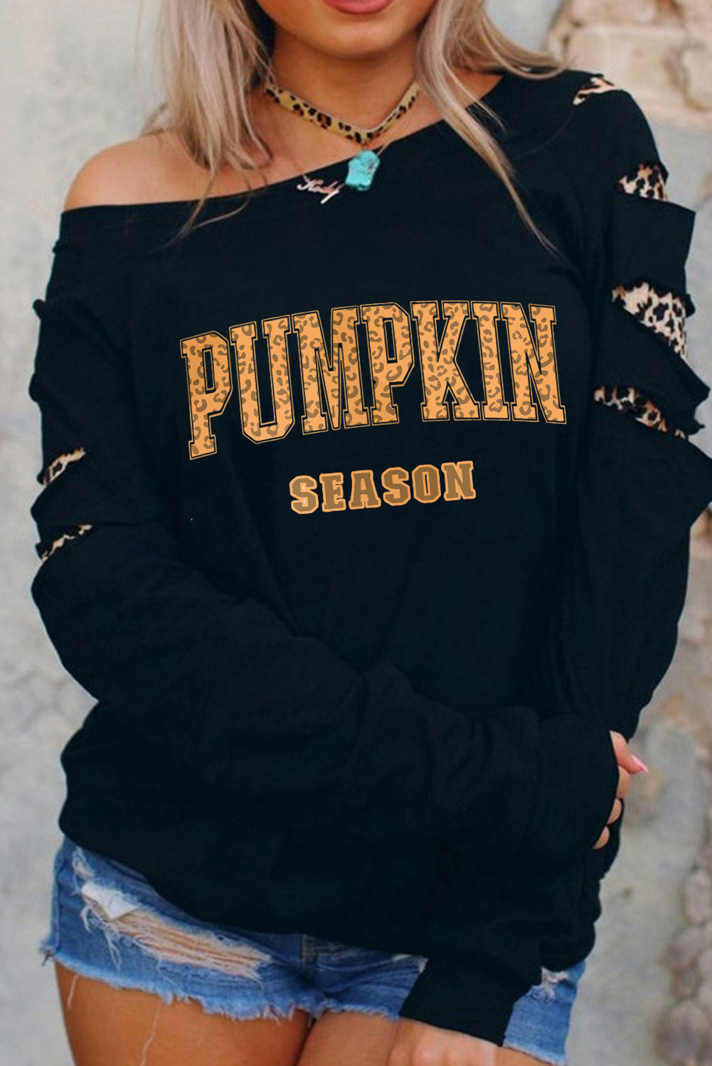 Leopard PUMPKIN SEASON Graphic Ripped Sleeve Sweatshirt