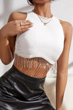 Rhinestone Fringe Zip Back Round Neck Cropped Tank Top