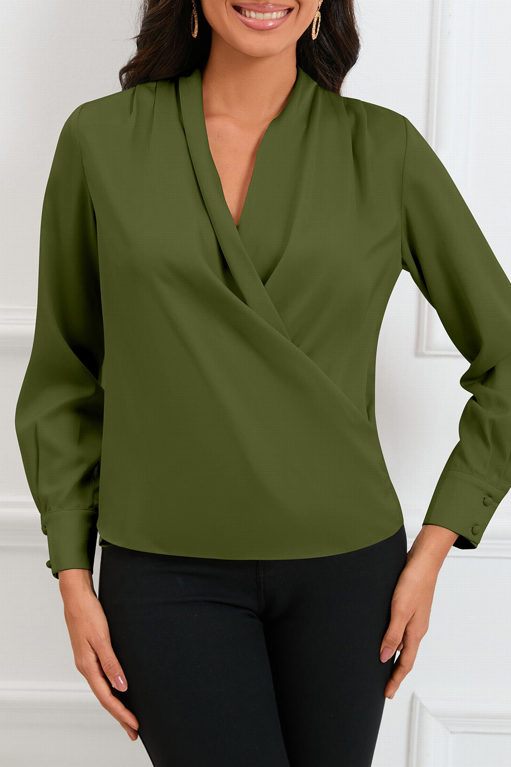 Solid Wrap V Neck Long Sleeve Top