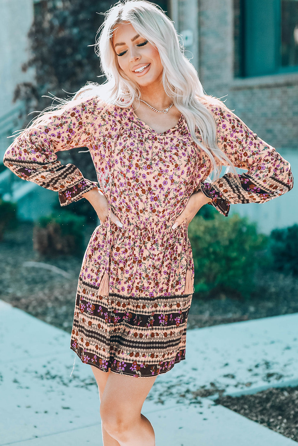 Split V Neck Boho Floral Dress