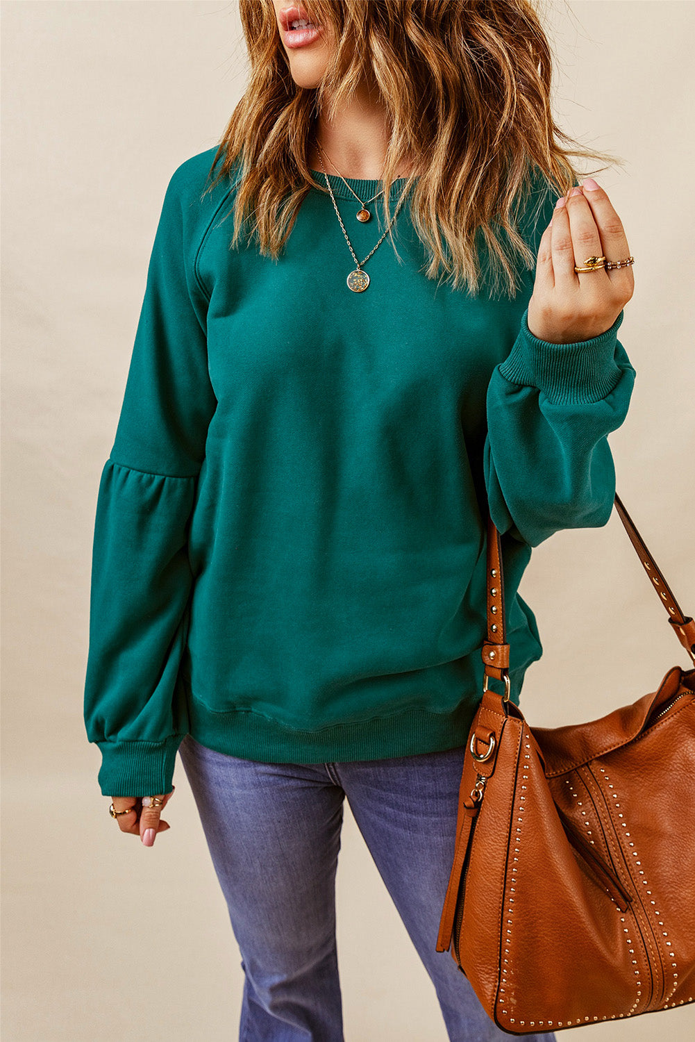 Sweat-shirt vert à manches raglan et patchwork