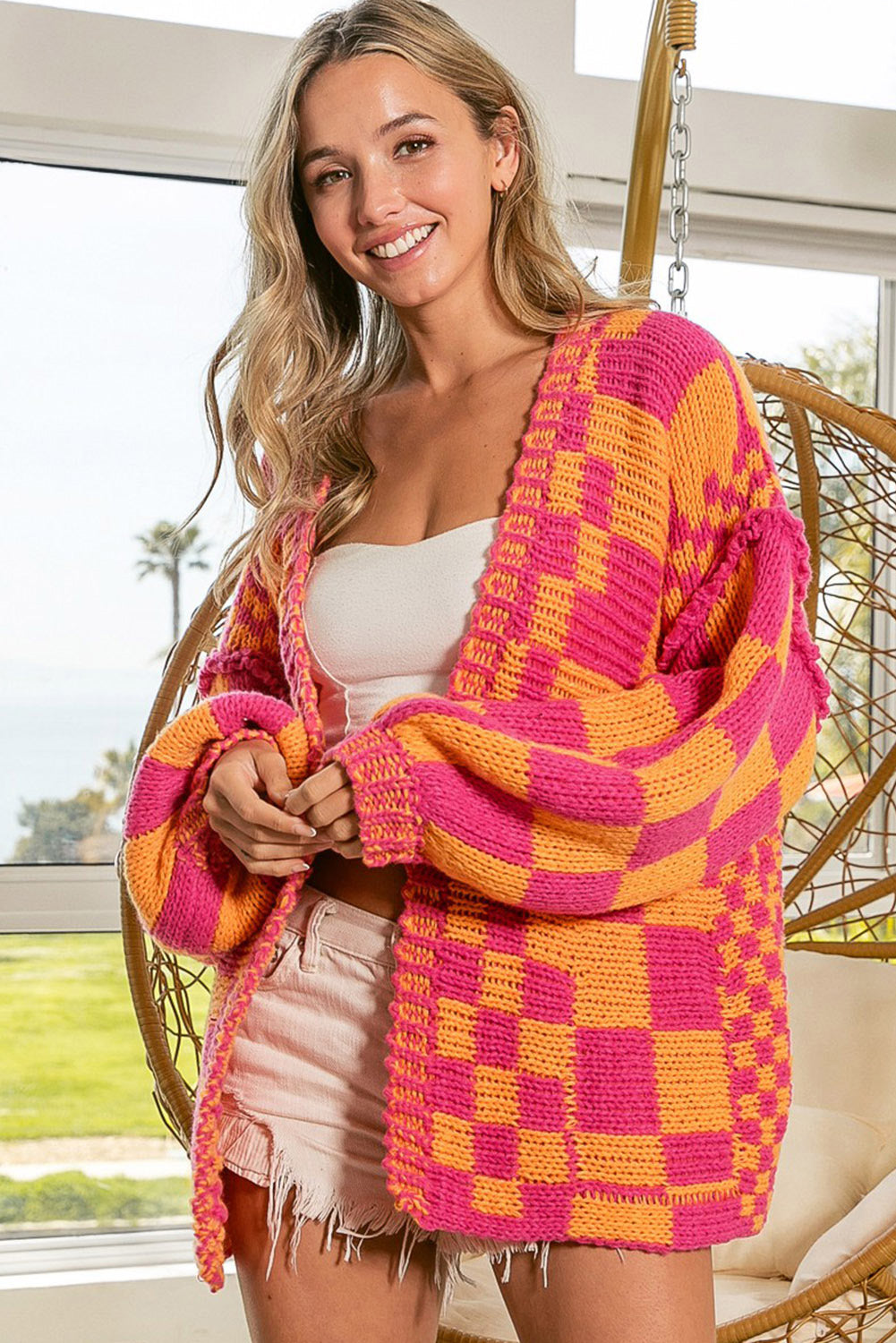 Open Front Mixed Checkered Pattern Knit Cardigan