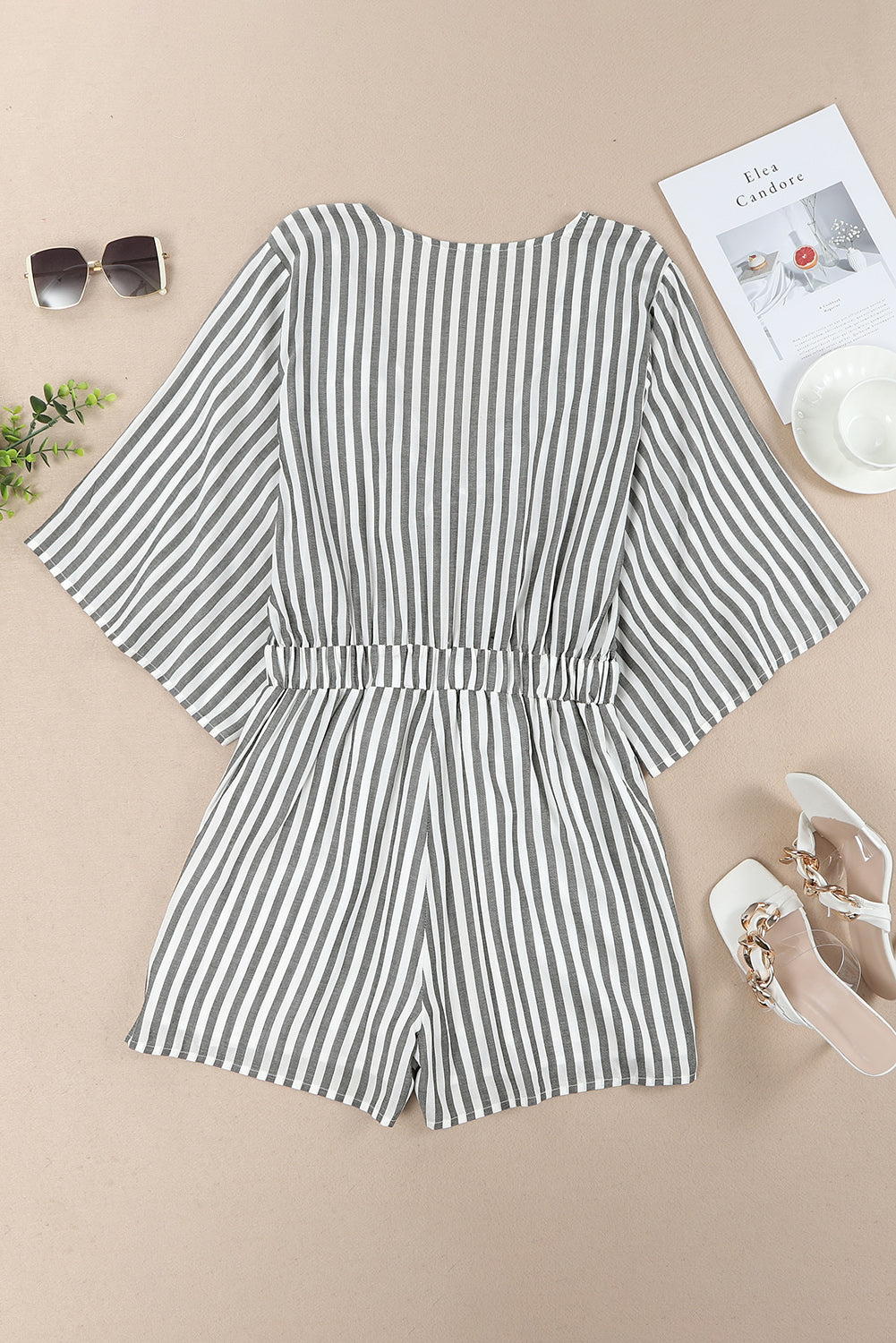 3/4 Wide Kimono Sleeves Tie Front Striped Romper with Pockets