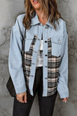 Plaid Patchwork Raw Hem Denim Jacket