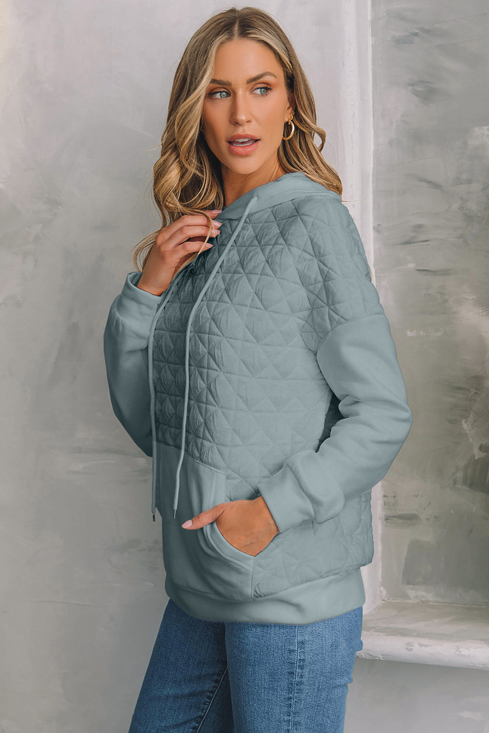 Light Grey Drop Shoulder Quilted Patchwork Kangaroo Pocket Hoodie