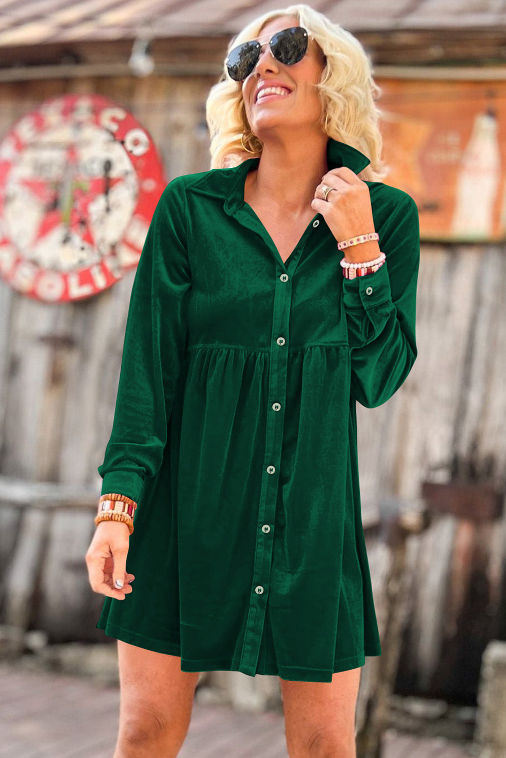 Green Long Sleeve Ruffle Velvet Button Up Dress