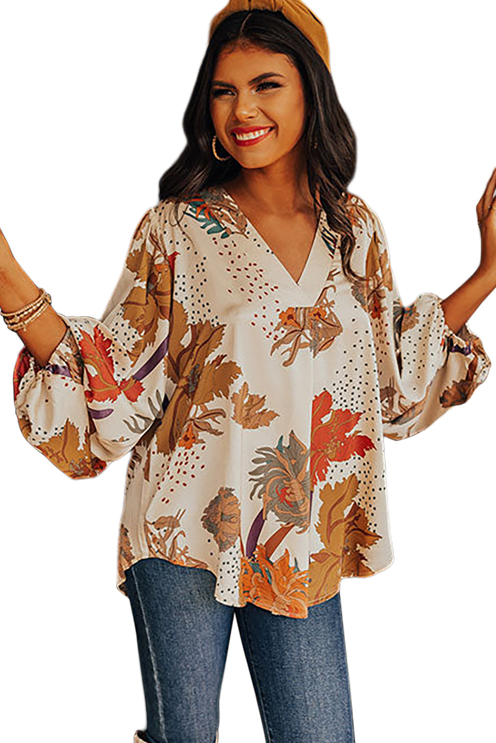 White V Neck Loose Sleeve Floral Blouse