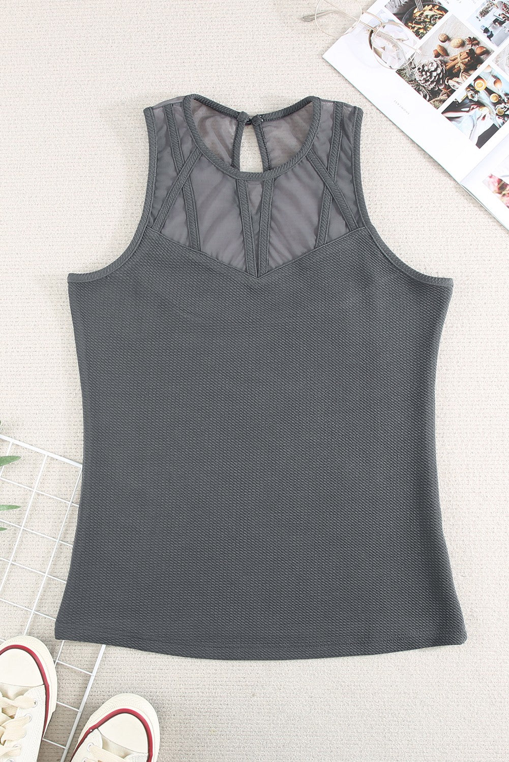 Strappy Mesh Splicing Ribbed Tank Top