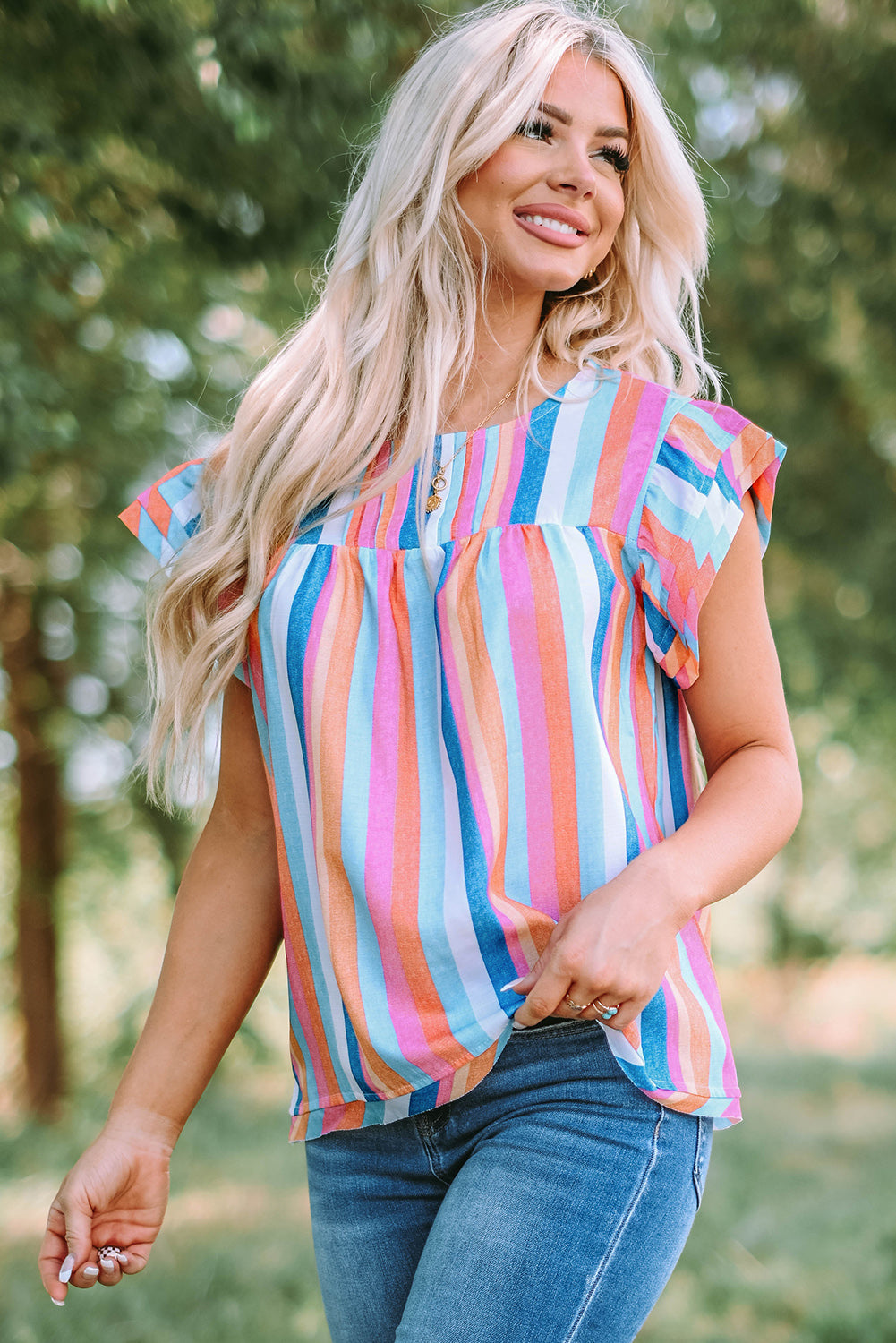 Striped Tiered Ruffle Cap Sleeve Top