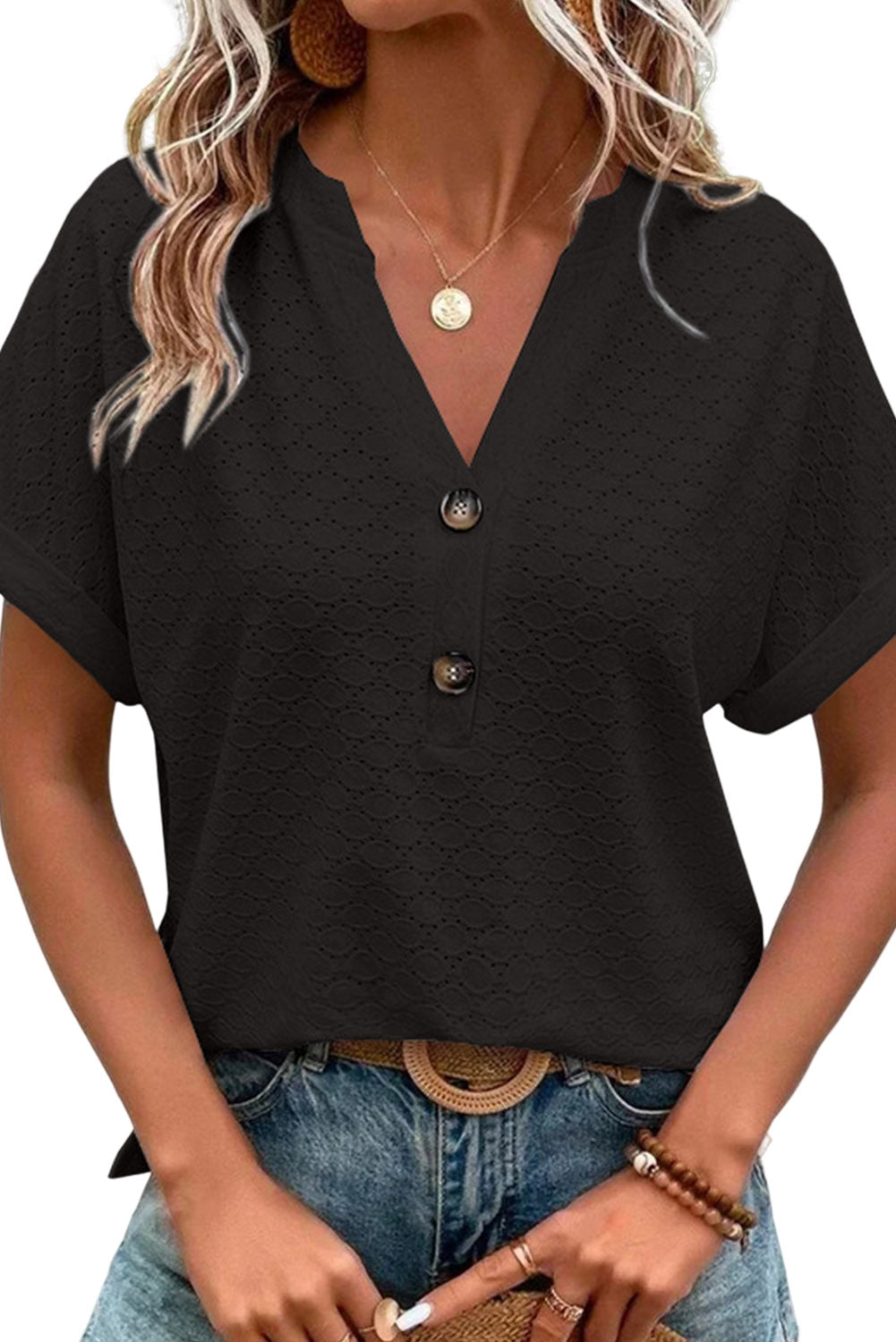 Eyelet Button-Accent Notch Neck Top