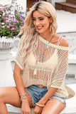 Fishnet Knit Ribbed Round Neck Short Sleeve Sweater Tee