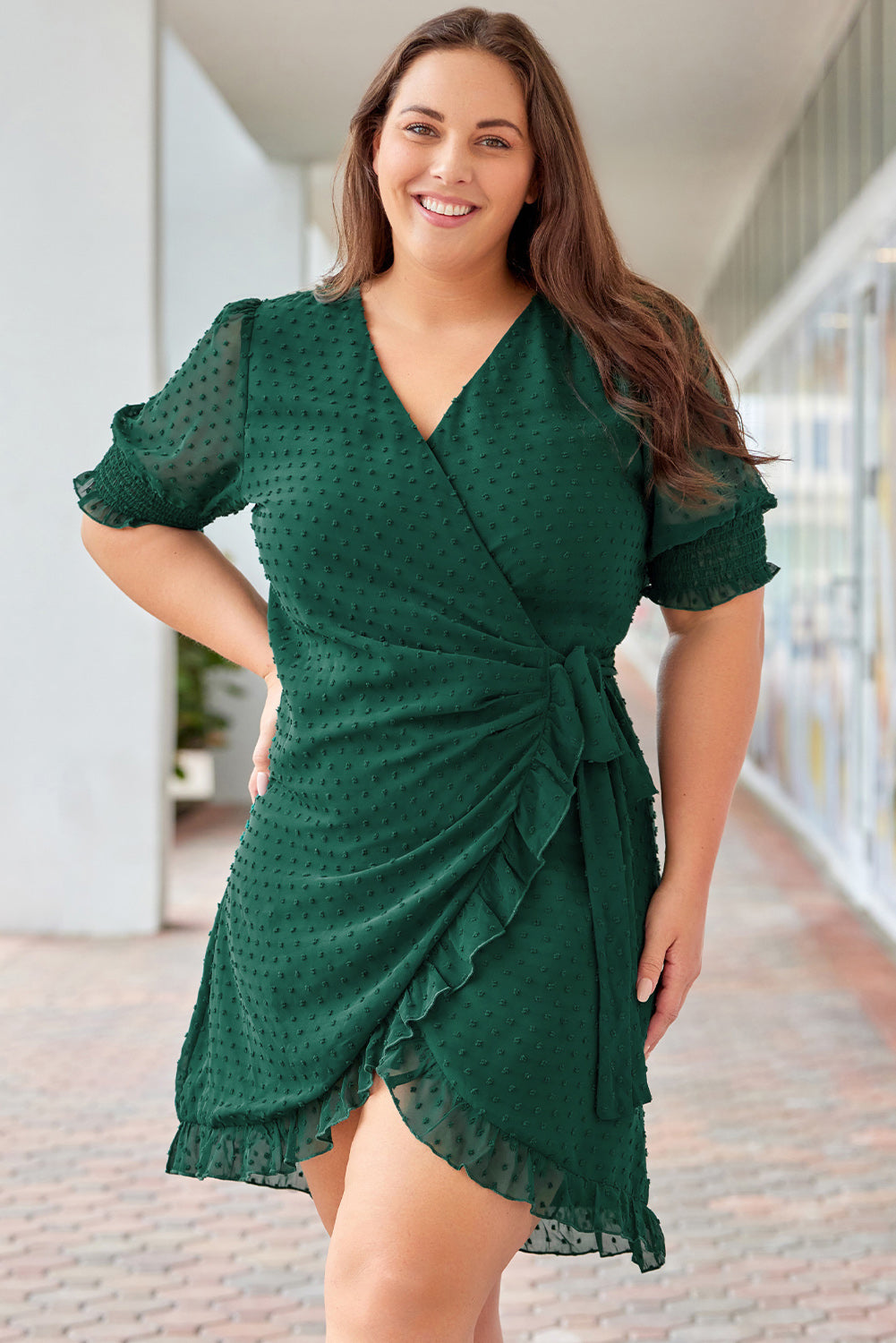 Plus Size Swiss Dot Puff Sleeve Wrap Dress