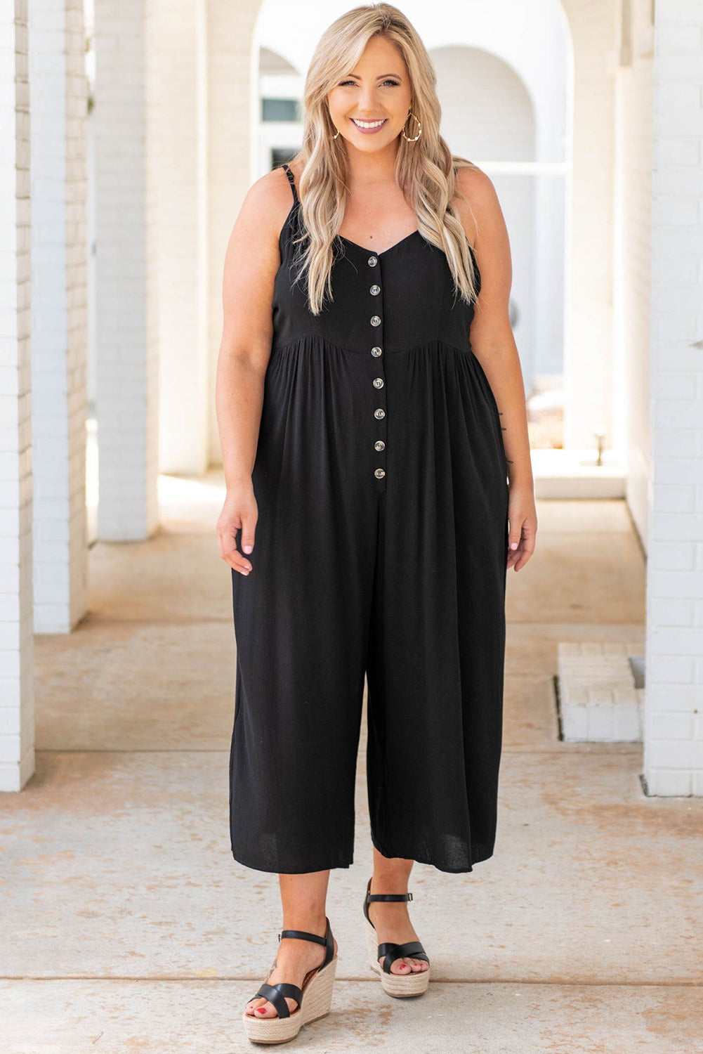 Buttons Sleeveless Wide Leg Plus Size Jumpsuit