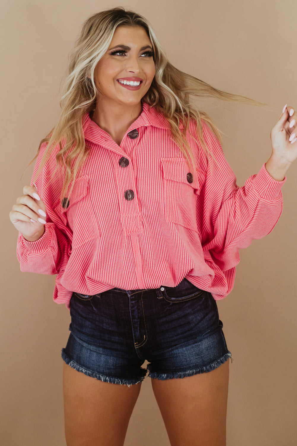 Pink Plus Size Ribbed Pocketed Long Sleeve Henley Top