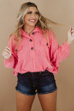 Pink Plus Size Ribbed Pocketed Long Sleeve Henley Top