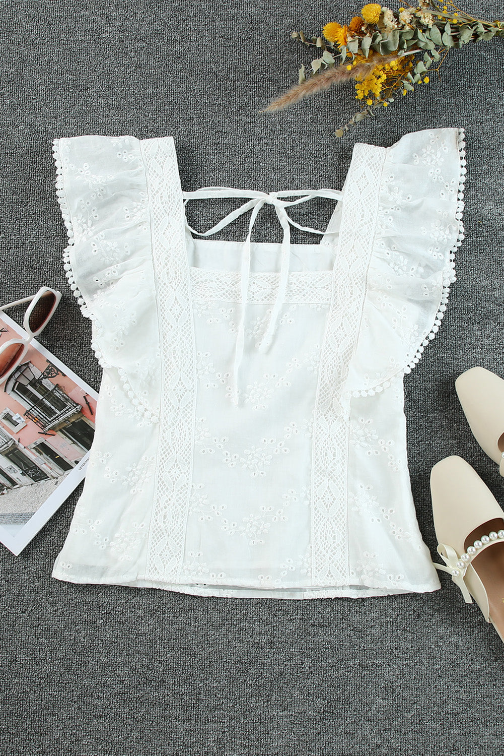 White Square Neck Ruffle Sleeve Blouse