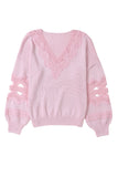 Hollowed Lace Splicing V Neck Loose Sweater