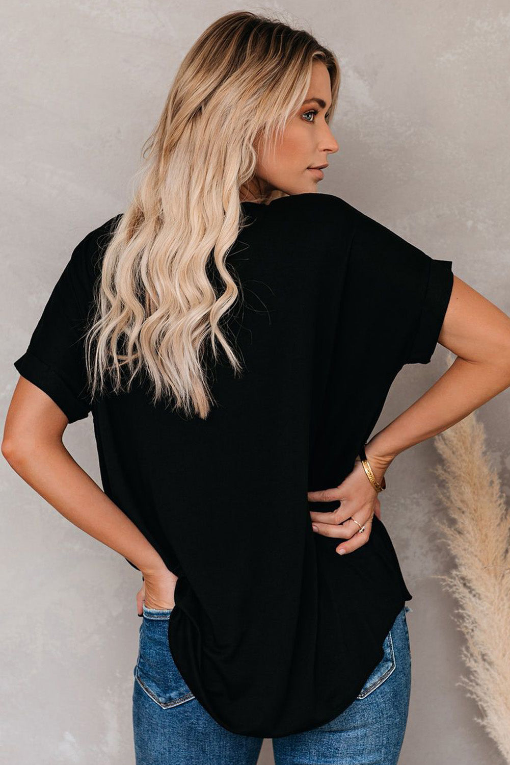 Black Short Sleeves Drape Knit Top