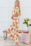 Orange Vibrant Floral Printed Short Sleeve Top 2 Piece Pants Set