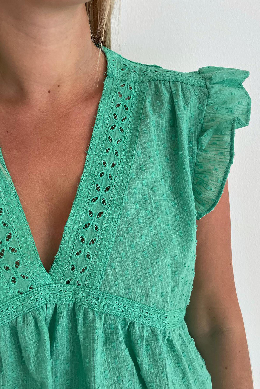 Eyelet V Neckline Ruffle Swiss Dot Top