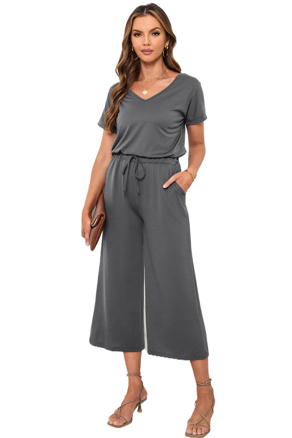 Drawstring Waist Short Sleeve Wide Leg Jumpsuit